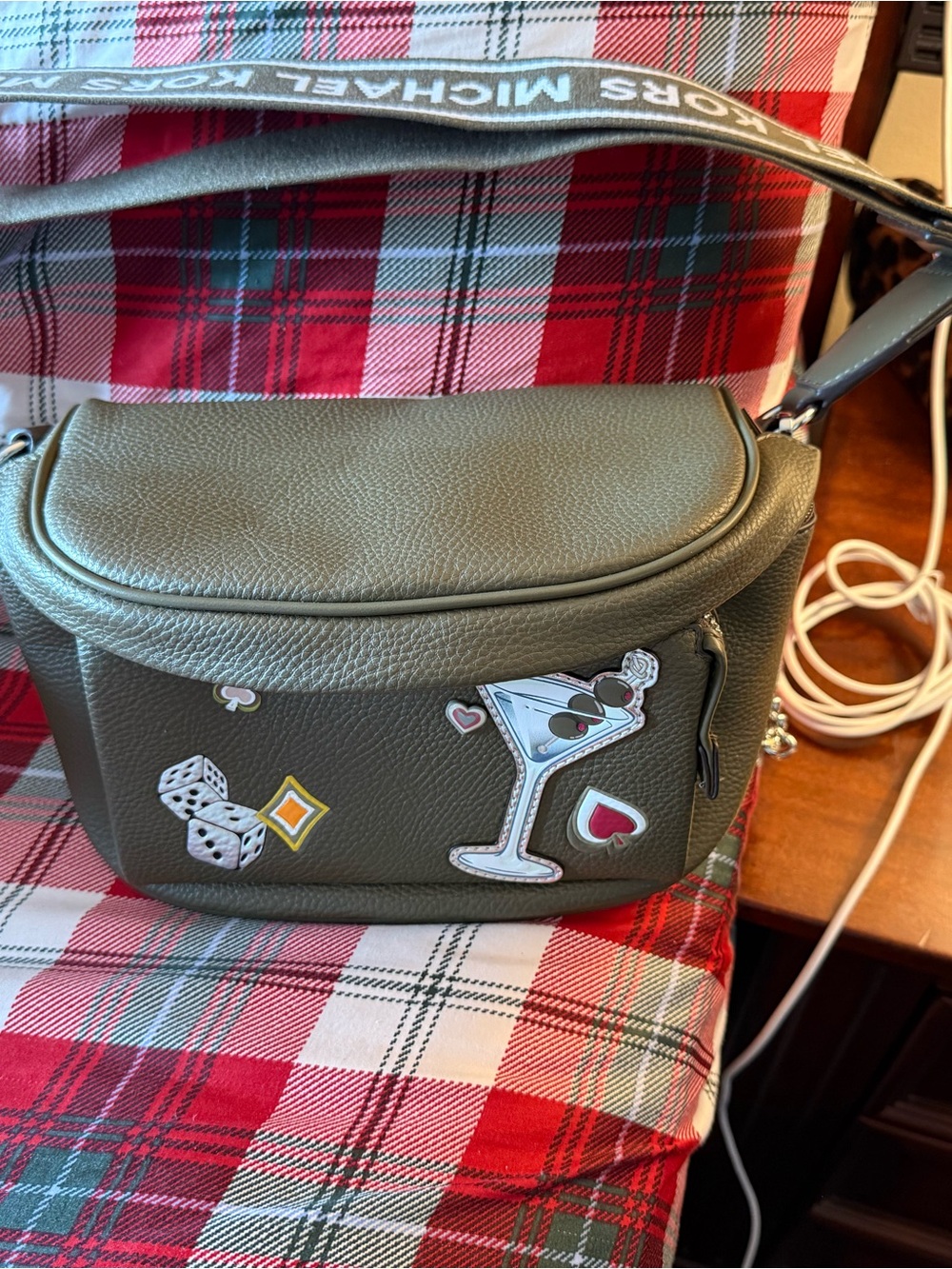 Michael Kors Olive Green Leather Crossbody with Cocktail and Dice Patches